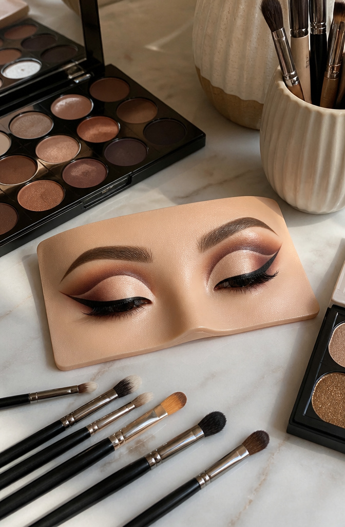 Model showcasing a classic cut crease eyeshadow application.