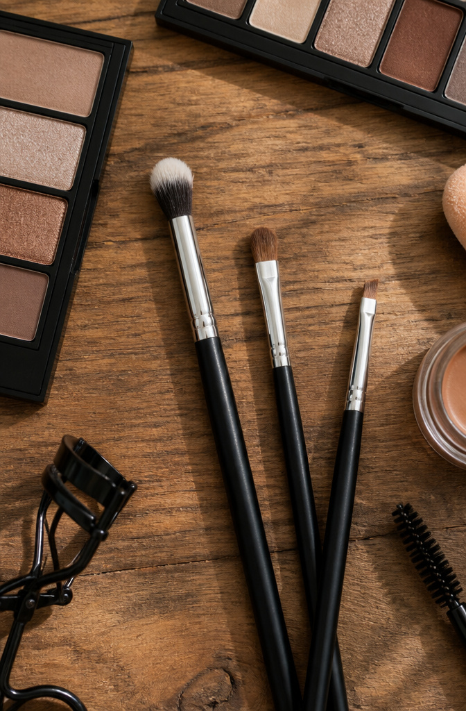 Almond Eyes Makeup: A Step-by-Step Tutorial for 2026 11 Various makeup brushes including a blending brush and a flat shader brush.