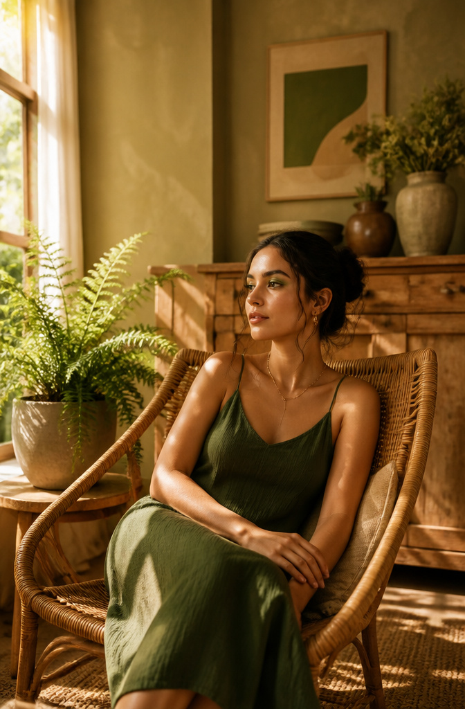 Natural Eyeshadow for Brown Eyes: 16 Color Ideas for 2026 11 Model featuring forest green eyeshadow that complements her brown eyes.