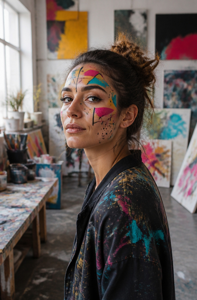 Unique Makeup Styles: 15 Looks, Types and Ideas for 2026 11 Woman in a creative studio showcasing artistic makeup with vivid hues.