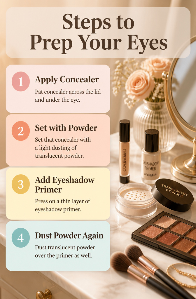 Information image detailing steps to prep the eyes for makeup.