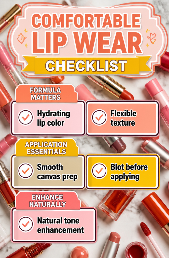 Image titled 'Comfortable Lip Wear Checklist' with lip care tips.