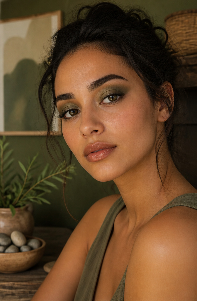 Natural Eyeshadow for Brown Eyes: 16 Color Ideas for 2026 12 Model with olive eyeshadow that subtly deepens her brown eyes.