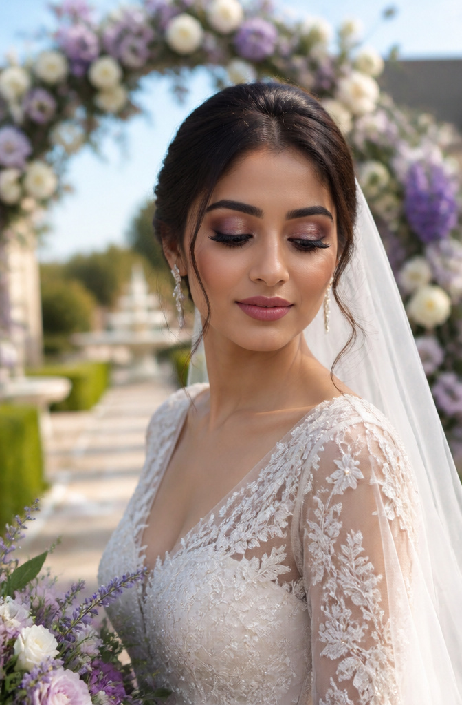 Bride with purple eye makeup contrasting her deep brown eyes.
