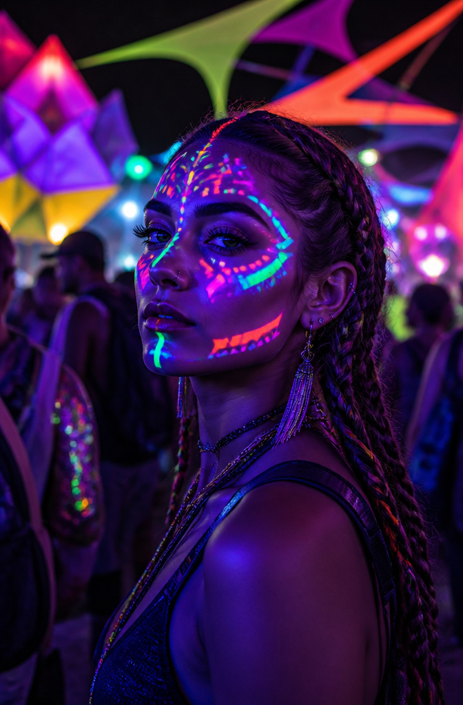 Model with neon colors that glow under blacklight in a vibrant setting.