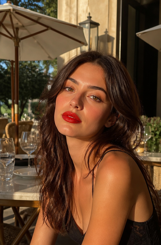 Make Up Inspo Pics: Looks, Techniques & Color Guides for 2026 12 A model with red lips and peach eyeshadow in a chic café setting.