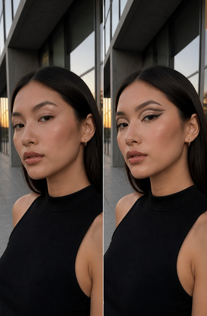 Model demonstrating a carved-out crease eyeshadow look.