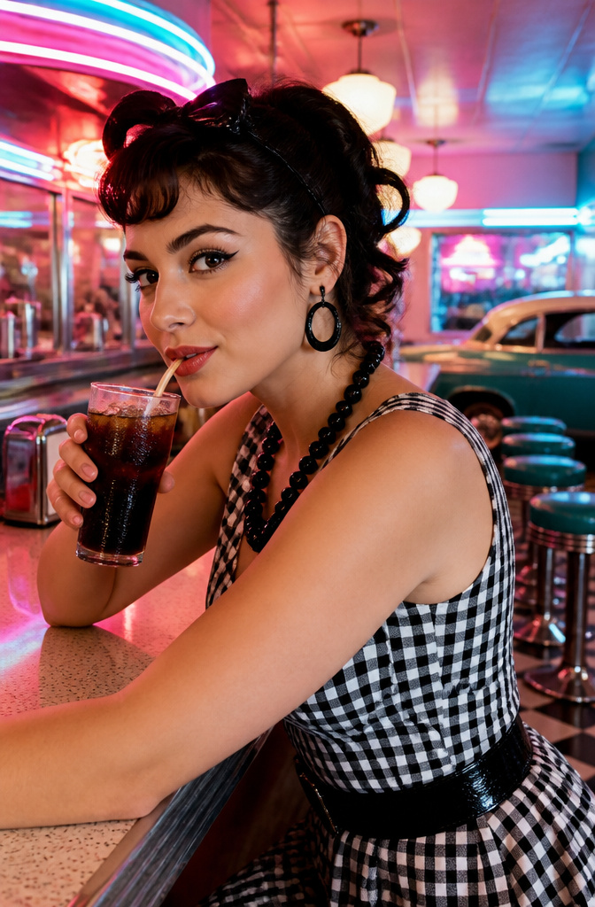 Unique Makeup Styles: 15 Looks, Types and Ideas for 2026 12 Woman in a 70s diner displaying retro makeup with bright colors.