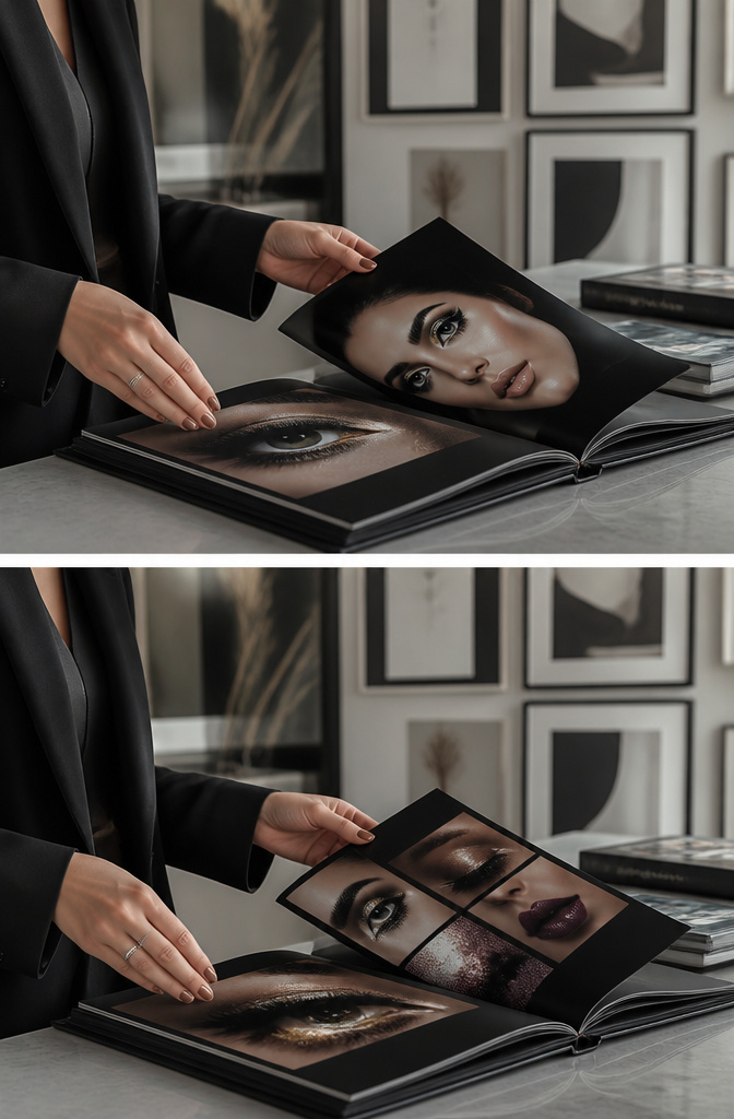 A portfolio layout displaying strong images of editorial makeup looks.