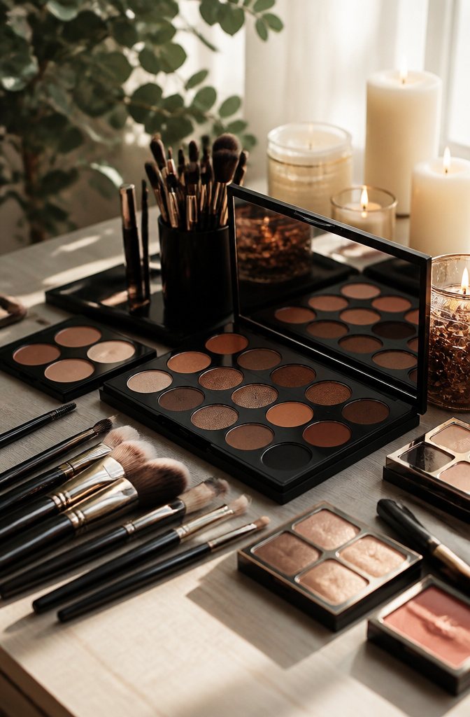 Makeup products arranged on a workspace for a smokey eye look.