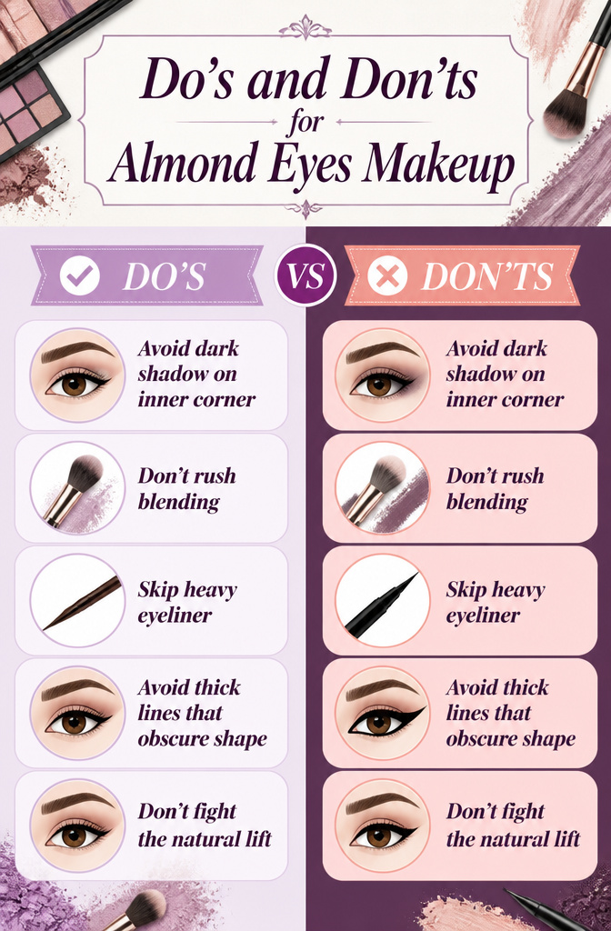 Almond Eyes Makeup: A Step-by-Step Tutorial for 2026 12 Graphic illustrating do's and don'ts for almond eyes makeup.