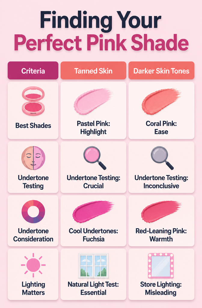 A guide titled 'Finding Your Perfect Pink Shade' with color swatches.