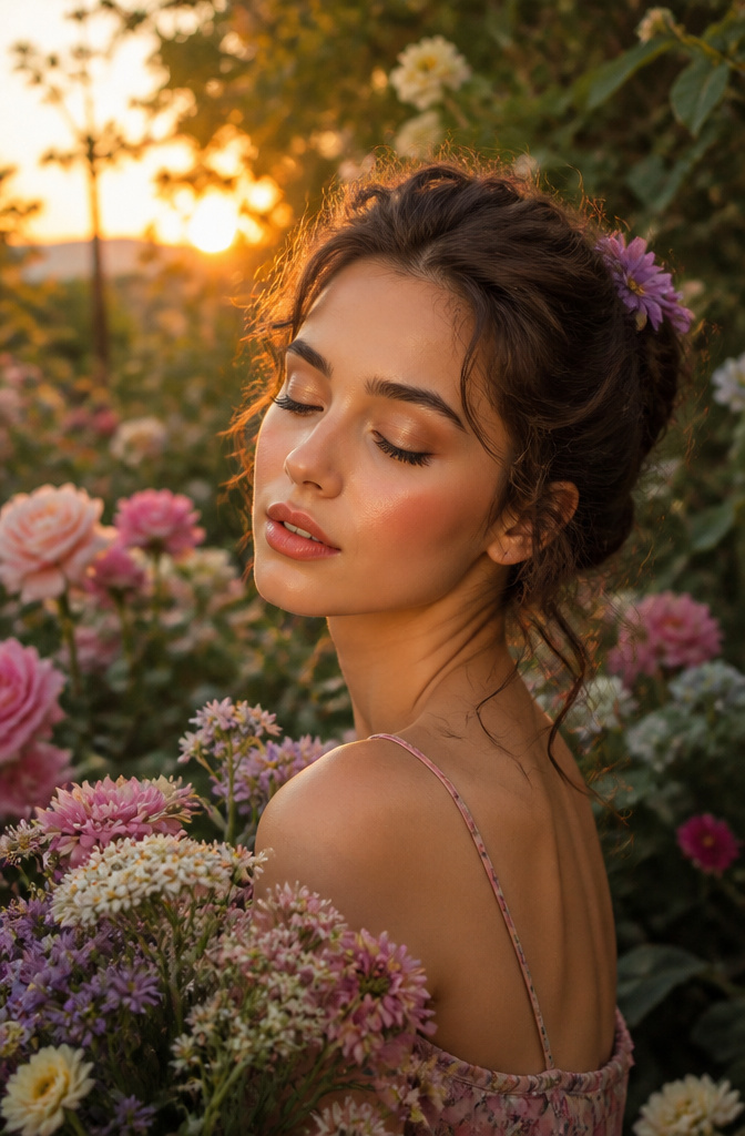 Unique Makeup Styles: 15 Looks, Types and Ideas for 2026 13 Woman in a flower-filled garden showcasing romantic makeup at sunset.