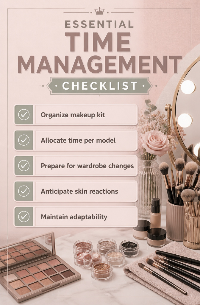A checklist for time management displayed alongside makeup products.