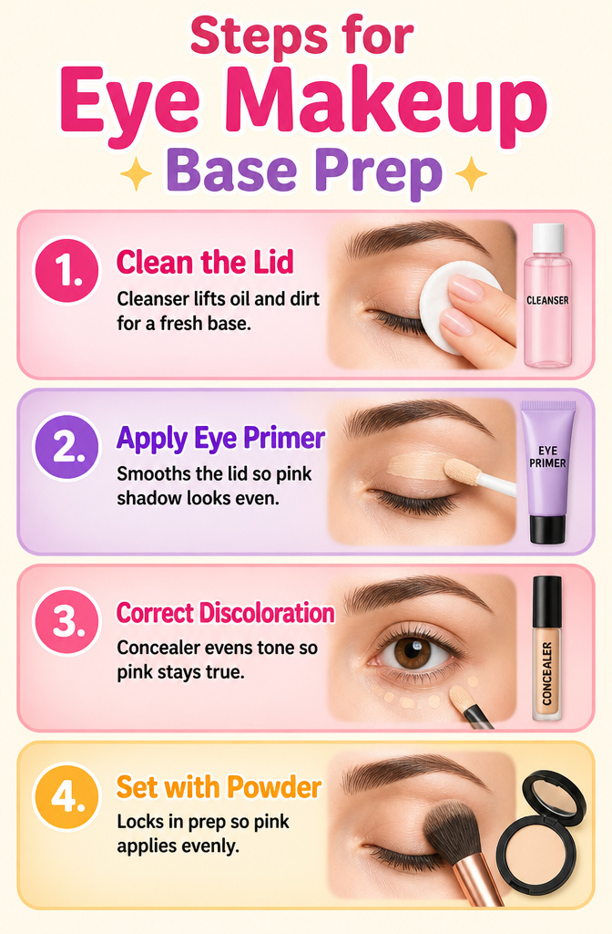 A guide titled 'Steps for Eye Makeup Base Prep' with numbered instructions.