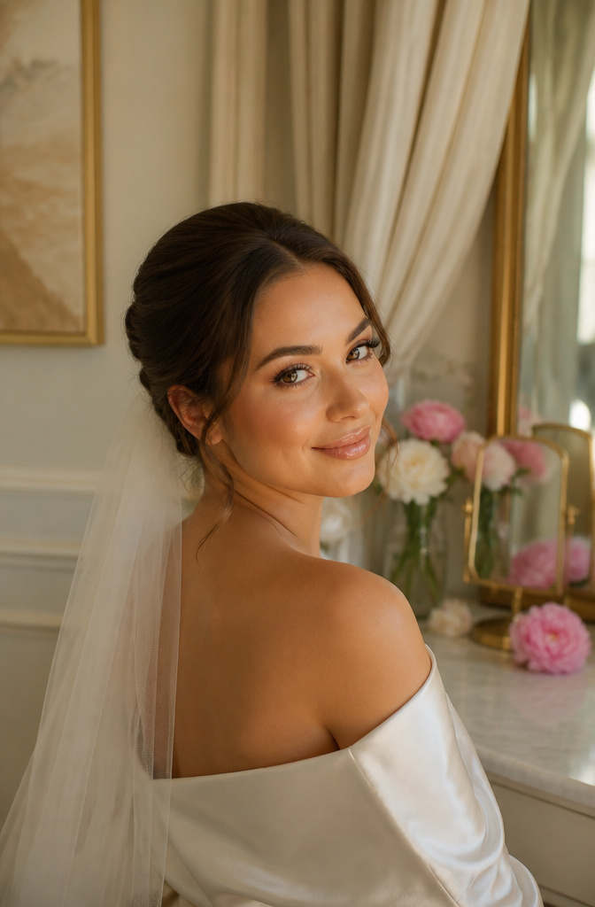 Bride showcasing dewy makeup with neutral eyeshadow and warm glow.