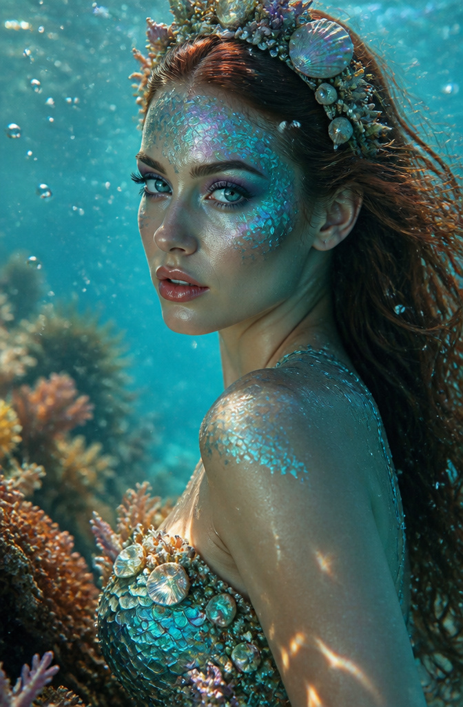 Model dressed as a mermaid with shimmering makeup in an underwater scene.