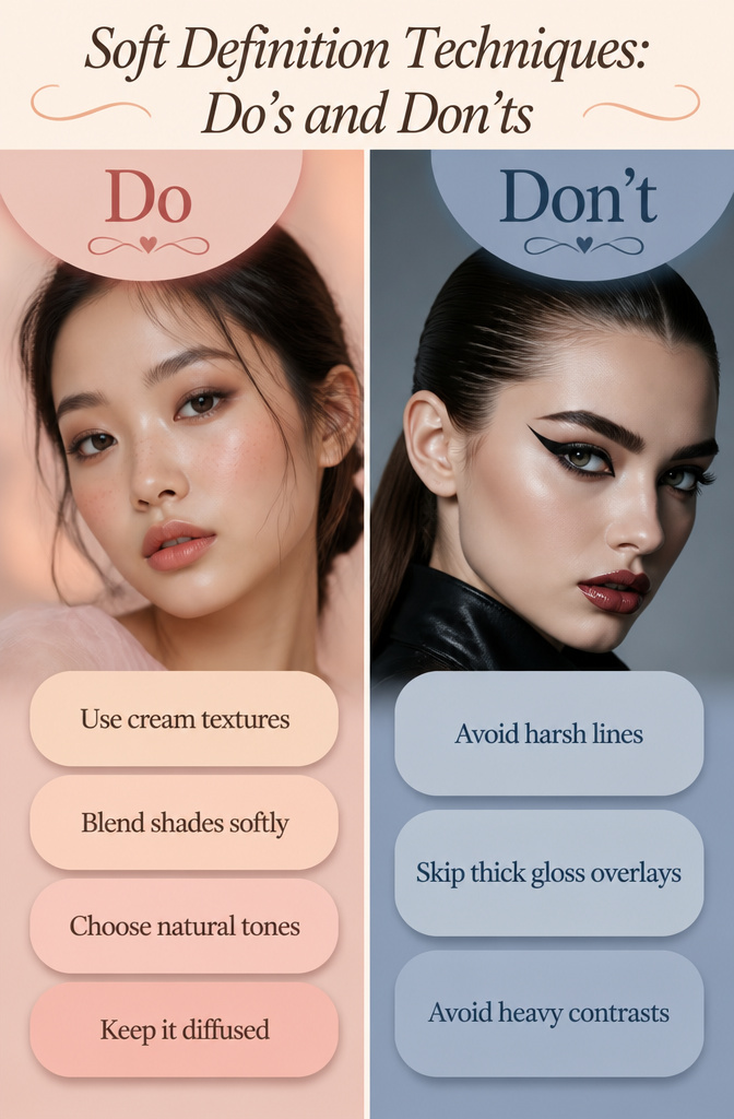 Image titled 'Soft Definition Techniques: Do's and Don'ts' with makeup tips.