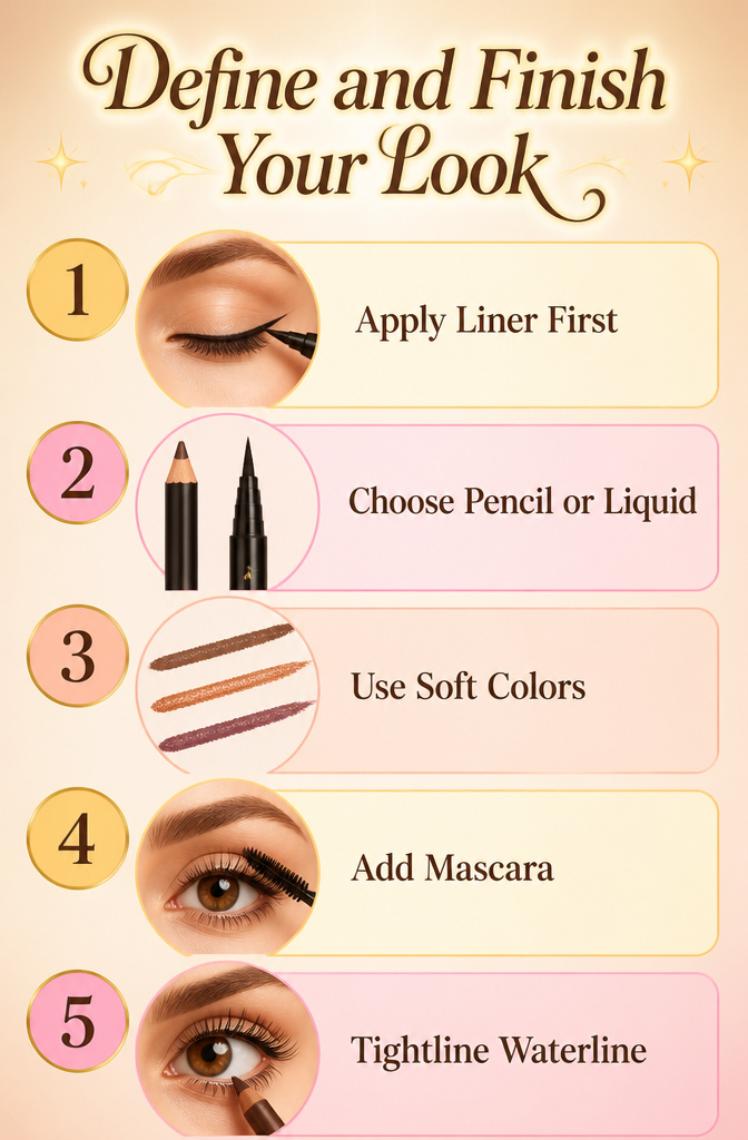 Information image explaining how to define and finish an eye makeup look.