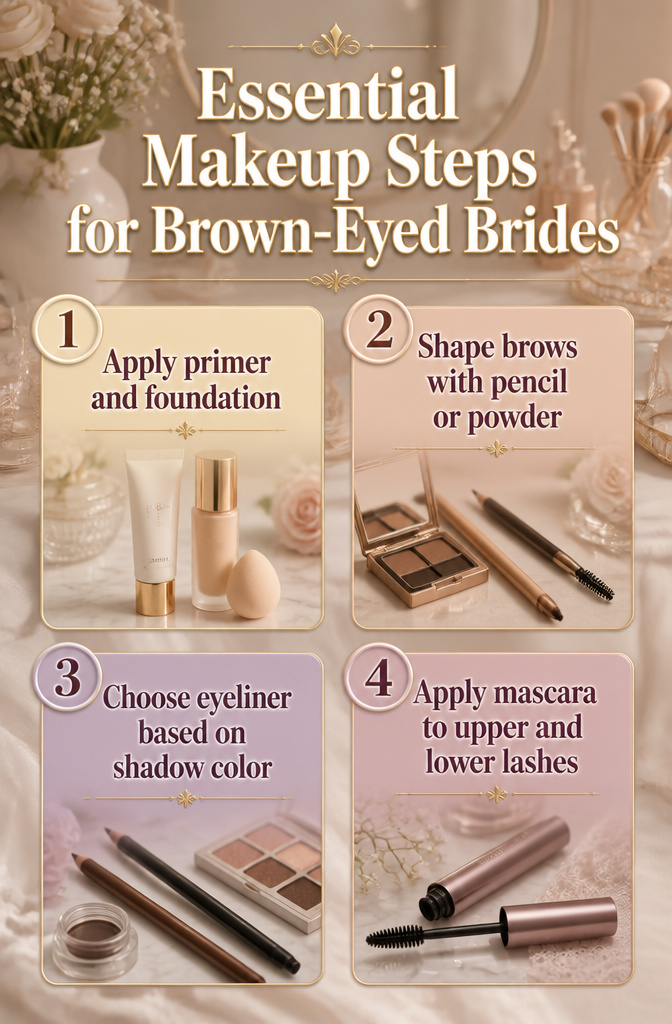 Information image outlining essential makeup steps for brown-eyed brides.