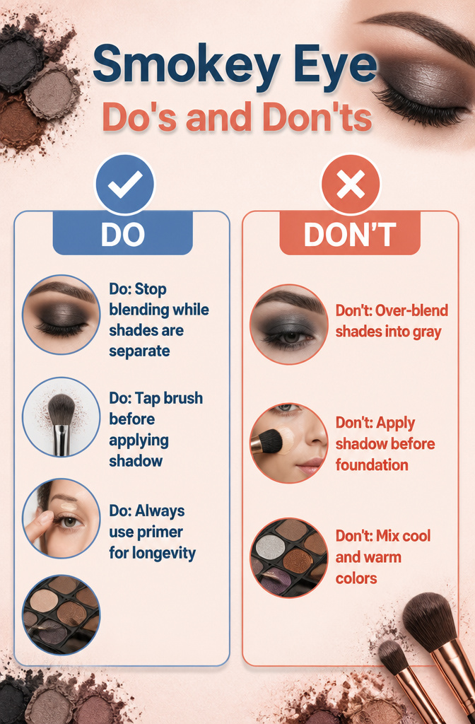 How to Do a Smokey Eye: A 9-Step Tutorial for 2026 14 An infographic illustrating do's and don'ts for creating a smokey eye.