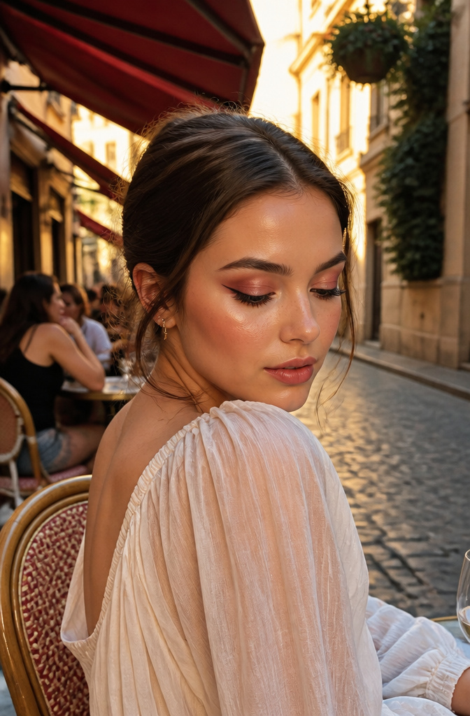 Model showcasing a winged shadow effect on a cobblestone street.