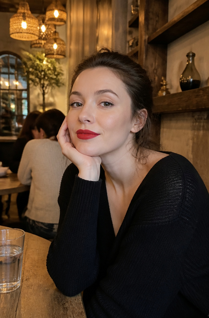Unique Makeup Styles: 15 Looks, Types and Ideas for 2026 14 Woman in a chic café with bold red lipstick and minimal eye makeup.