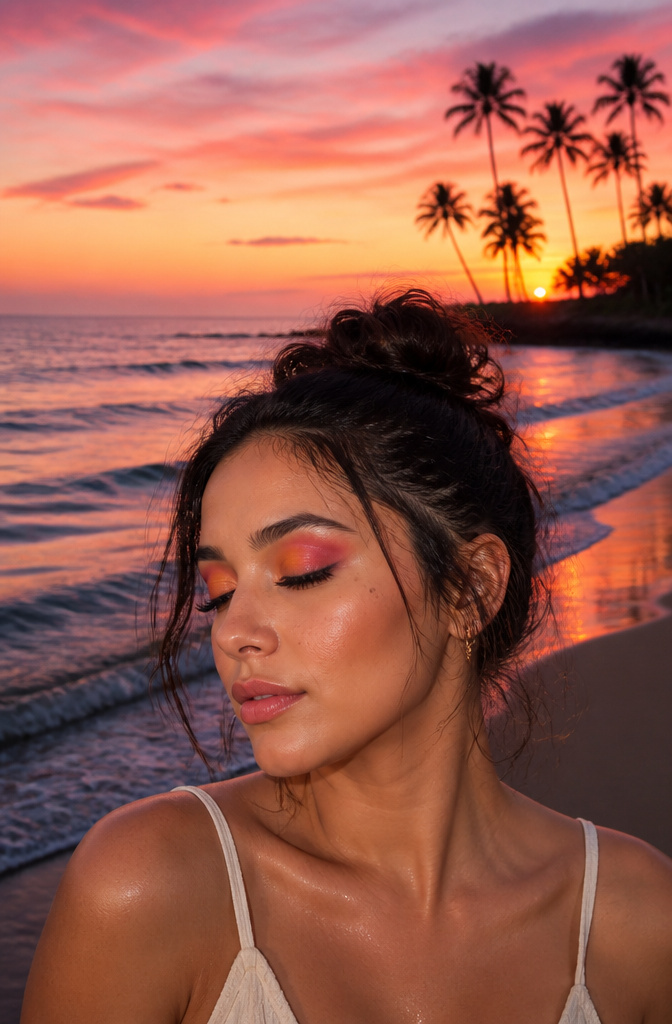 16 Cute Makeup Ideas for Eyes, Lips, and Cheeks in 2026 14 A model with sunset eye makeup in front of a seaside sunset.