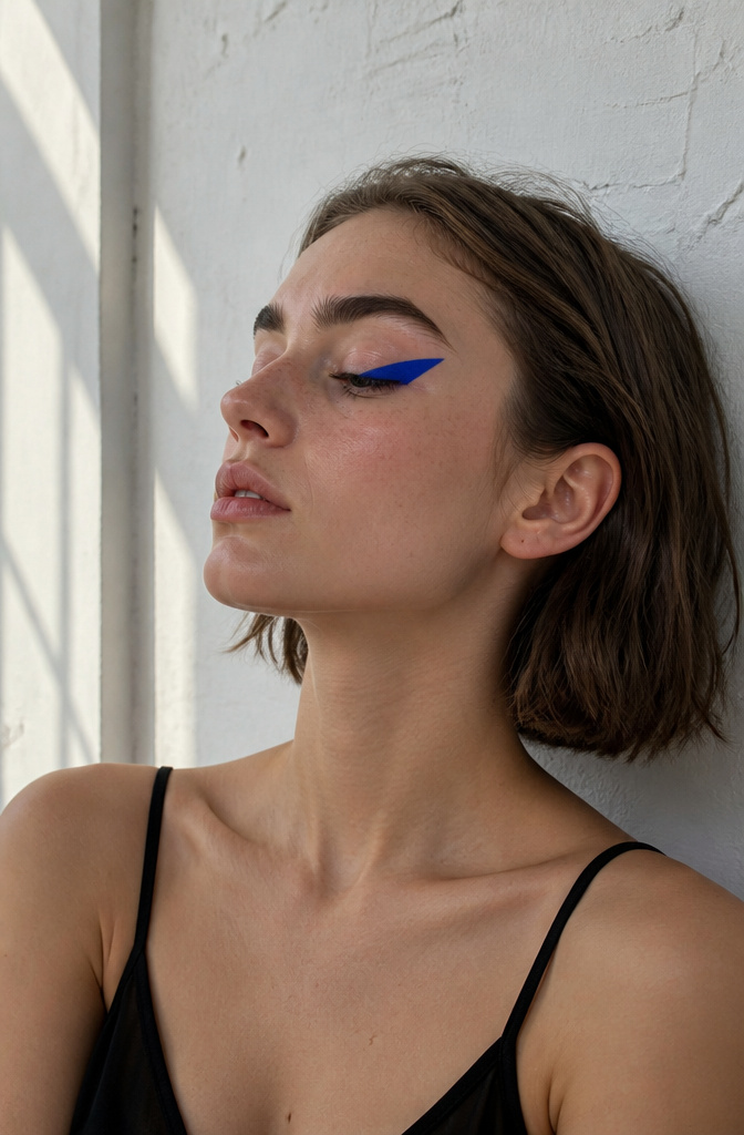 Model with a bold blue triangle on her outer eyelid against a white wall.