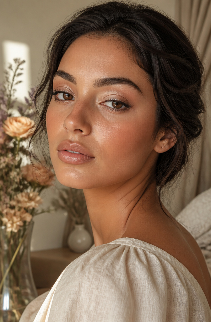 Natural Eyeshadow for Brown Eyes: 16 Color Ideas for 2026 14 Model applying champagne eyeshadow that lifts her brown eyes.