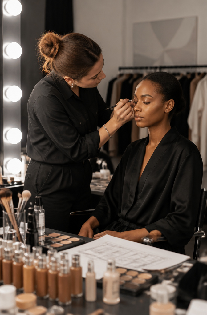 A makeup artist applying a minimalist look under tight scheduling conditions.