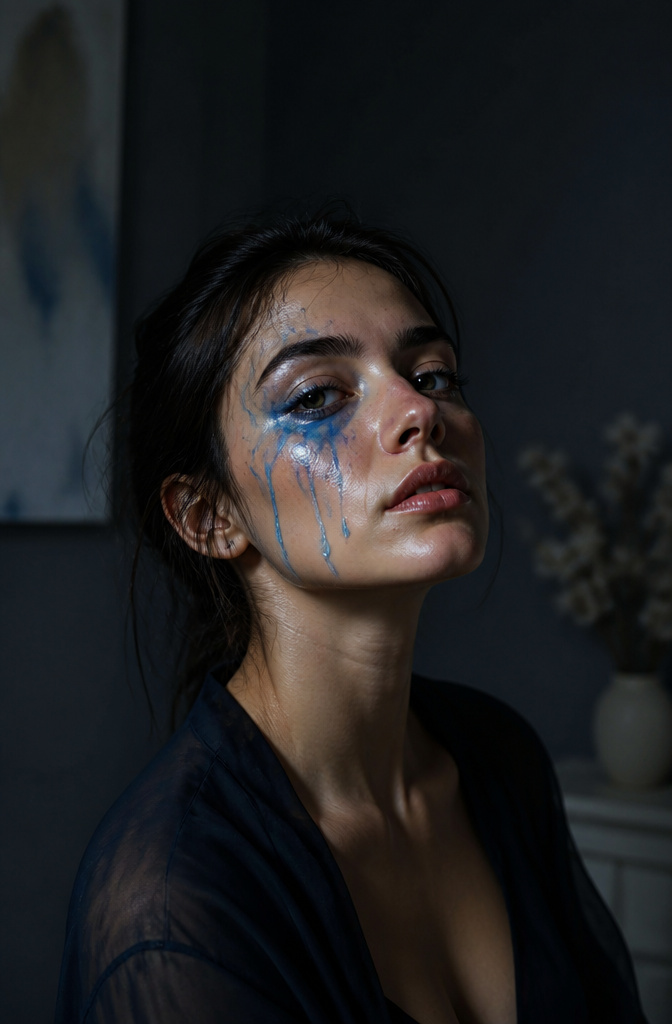 Model with painted tears in cool colors flowing down one cheek.