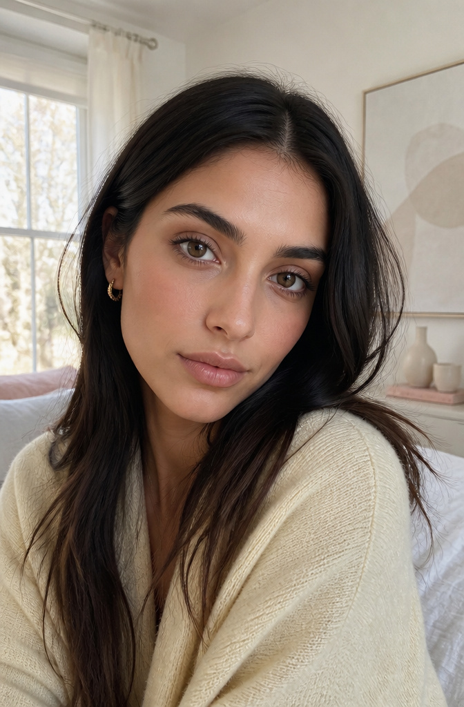 Model demonstrating the waterlined effect with soft eye makeup.