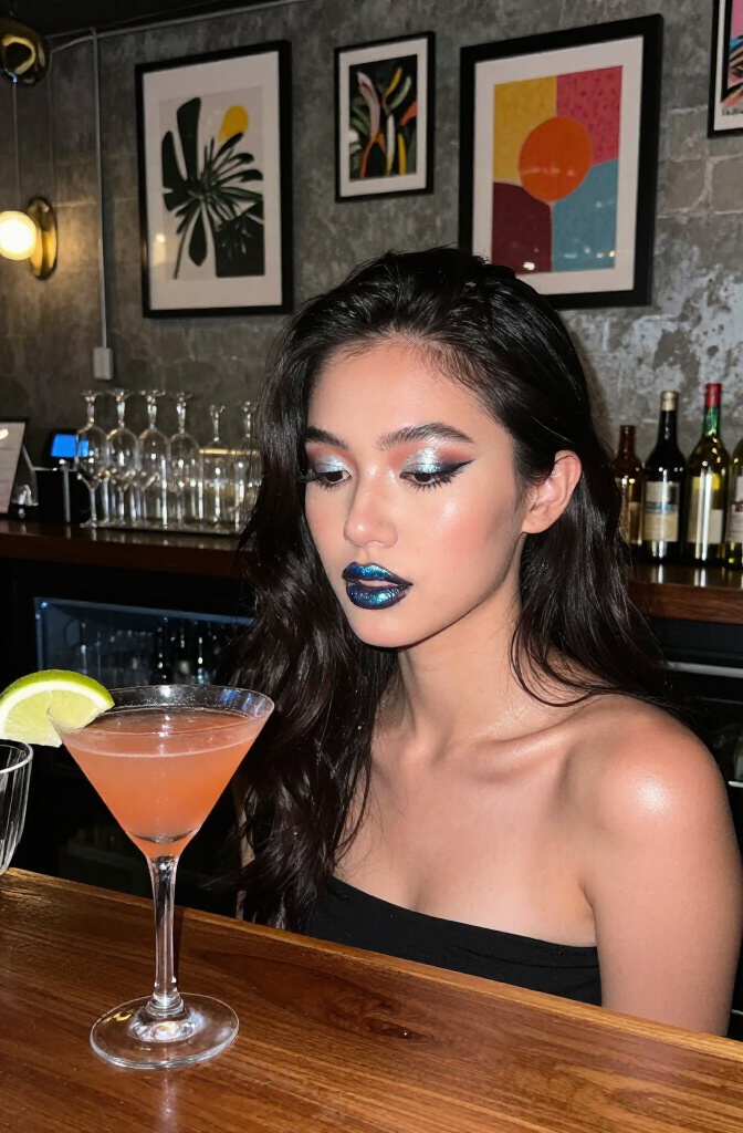 16 Cute Makeup Ideas for Eyes, Lips, and Cheeks in 2026 15 A model showcasing metallic lips in a stylish bar setting.