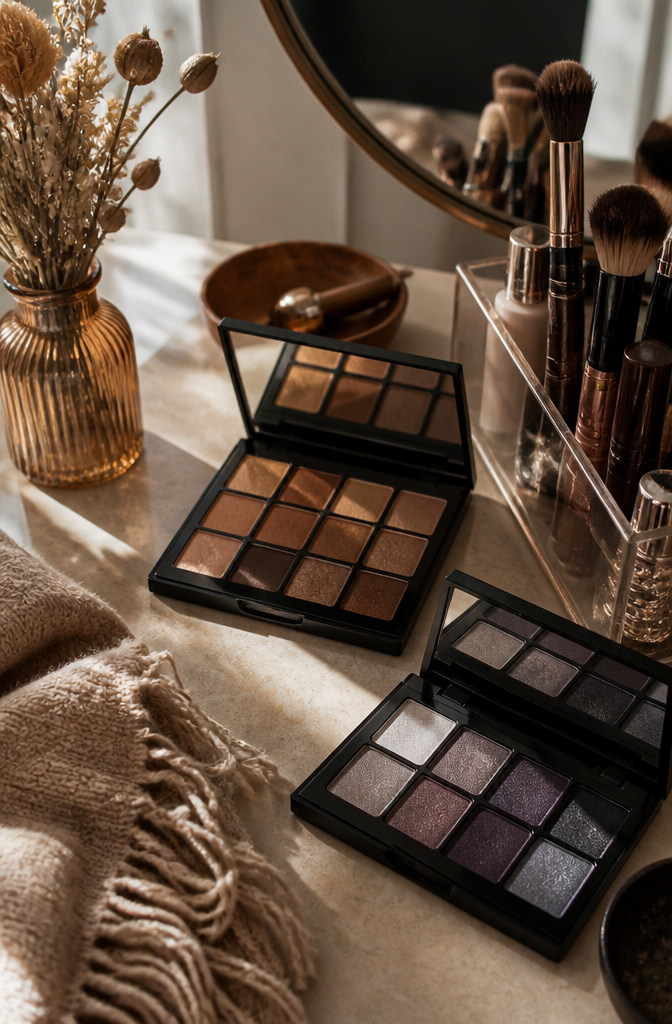 How to Do a Smokey Eye: A 9-Step Tutorial for 2026 15 A makeup area showing seasonal products for different smokey eye looks.