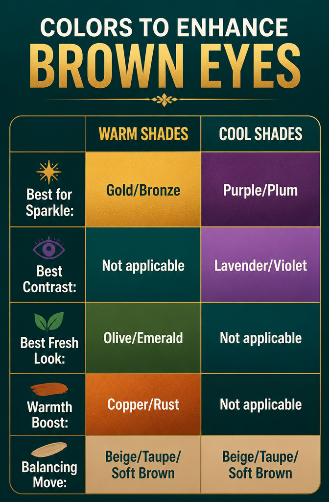 Information image listing colors to enhance brown eyes.