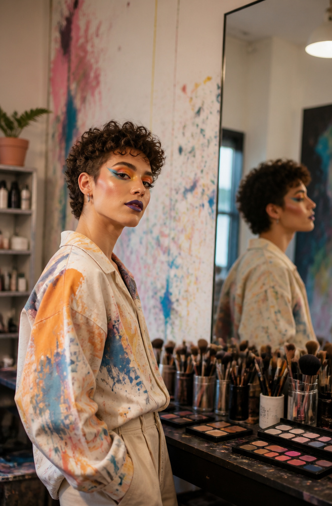 Make Up Inspo Pics: Looks, Techniques & Color Guides for 2026 16 A model with a non-binary aesthetic and colorful makeup in a beauty studio.