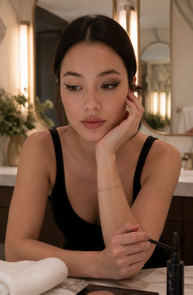 Model with one eye featuring sharp eyeliner and the other softly smudged.