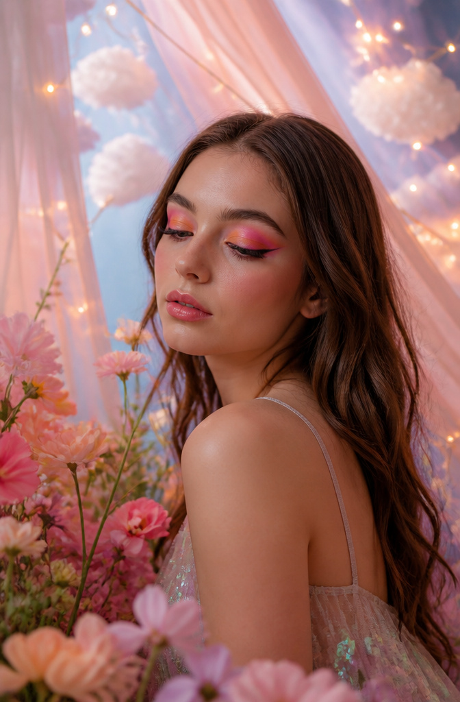 Model showcasing a whimsical fairy eye makeup look with bright colors.