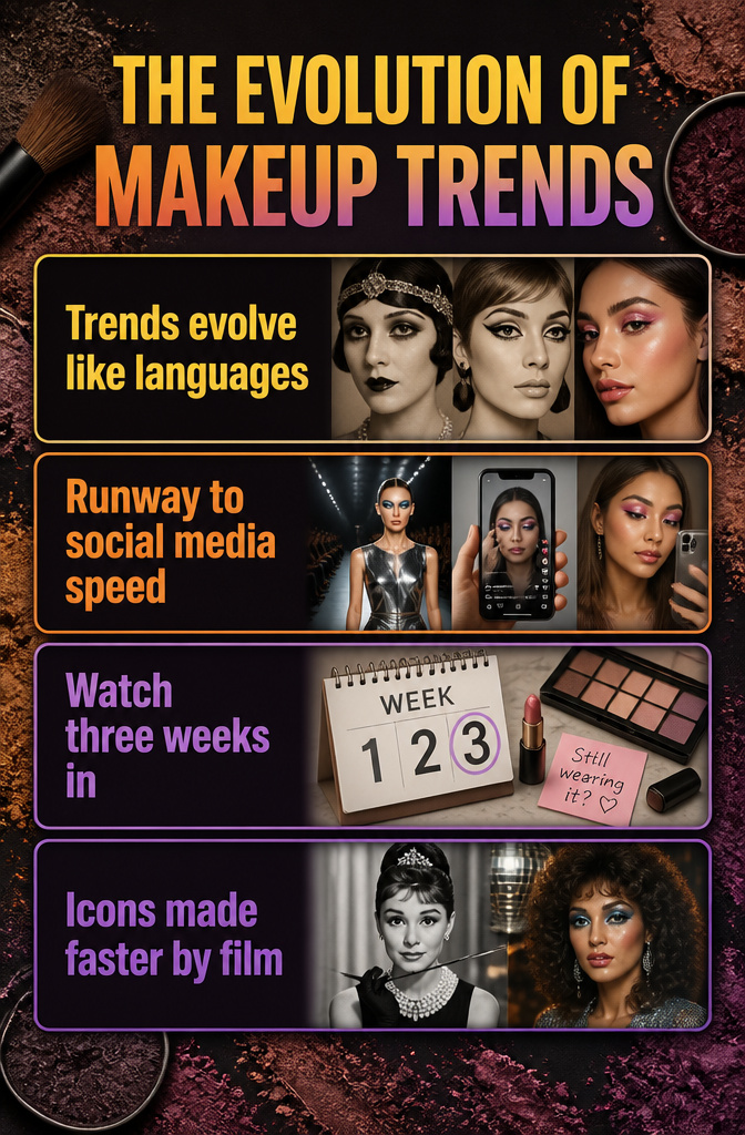 Unique Makeup Styles: 15 Looks, Types and Ideas for 2026 17 Graphic illustration titled 'The Evolution of Makeup Trends'.