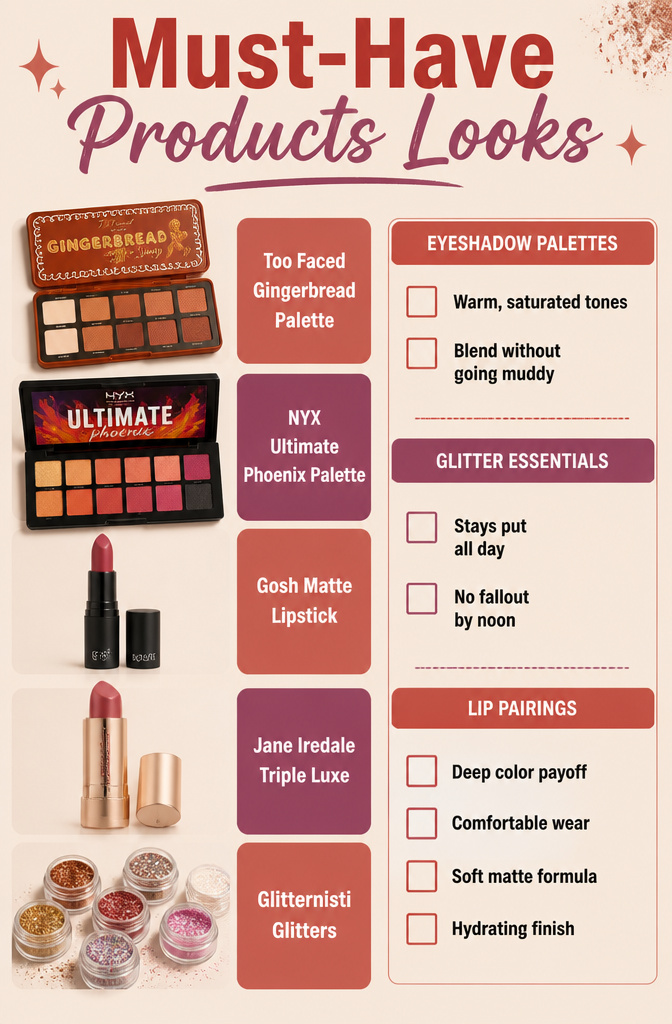Make Up Inspo Pics: Looks, Techniques & Color Guides for 2026 17 An informational image featuring must-have makeup products for diverse looks.