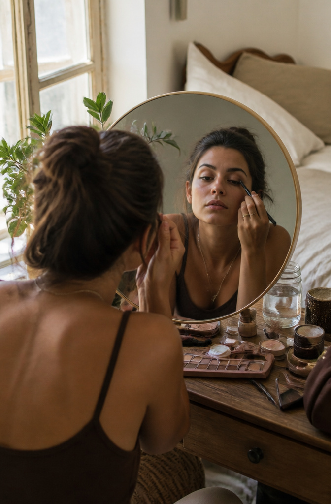 Model demonstrating a smudged shadow look with muted brown eyeshadow.