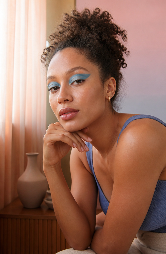 Model with a crescent-shaped blue makeup design above her eyelid crease.