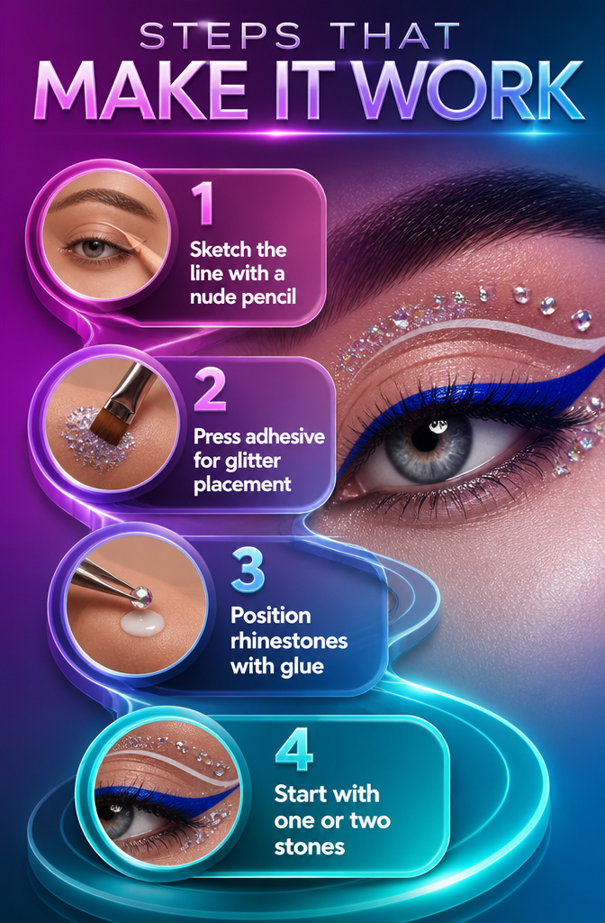 15 Euphoria Aesthetic Makeup Ideas for 2026 18 Illustration showing steps for precise eyeliner and glitter application.