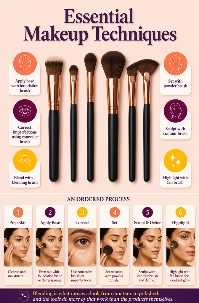 Unique Makeup Styles: 15 Looks, Types and Ideas for 2026 18 Graphic titled 'Essential Makeup Techniques' with tools and techniques.