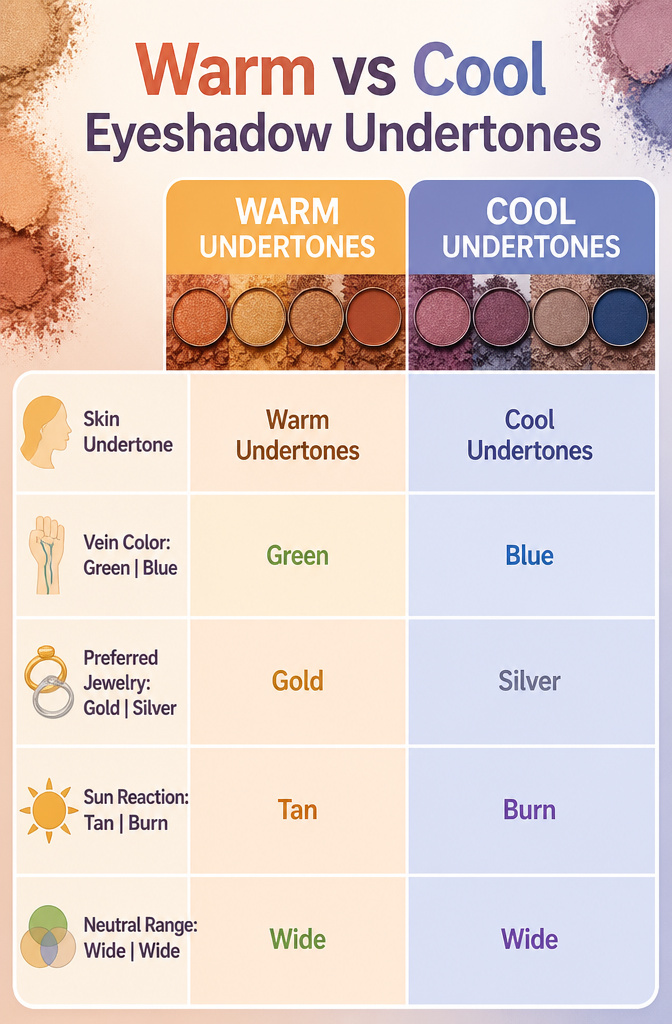 Natural Eyeshadow for Brown Eyes: 16 Color Ideas for 2026 18 Visual guide comparing warm and cool eyeshadow undertones.
