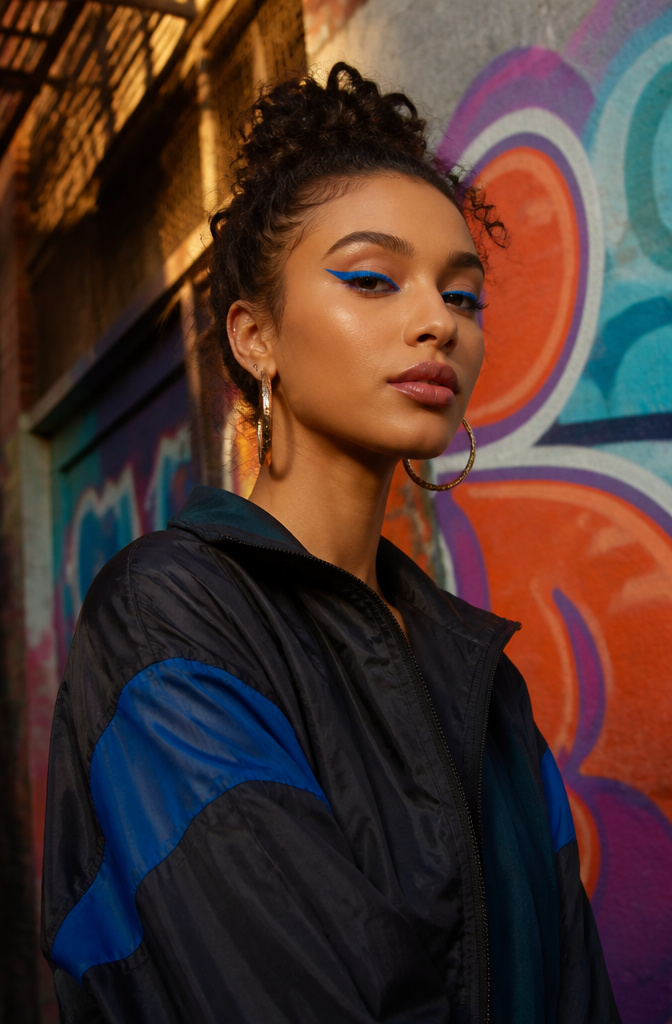 Model with electric blue neon eyeliner in an urban setting.