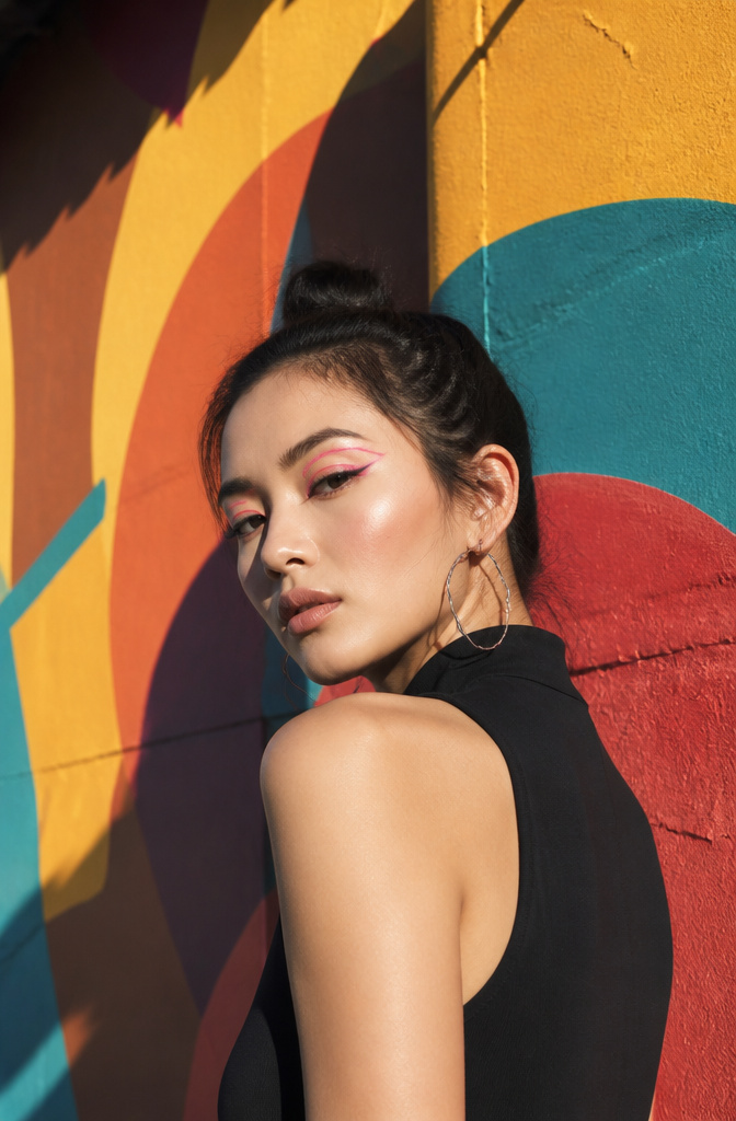 Model demonstrating graphic eyes with bold eyeliner in front of graffiti.