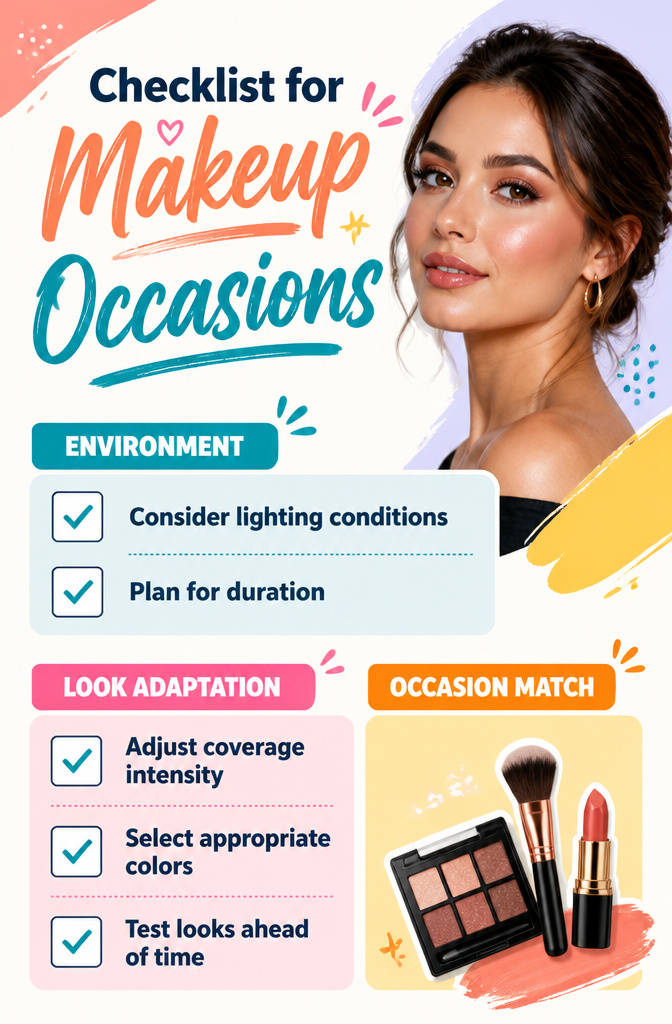 Unique Makeup Styles: 15 Looks, Types and Ideas for 2026 19 Graphic titled 'Checklist for Makeup Occasions' with makeup tips.