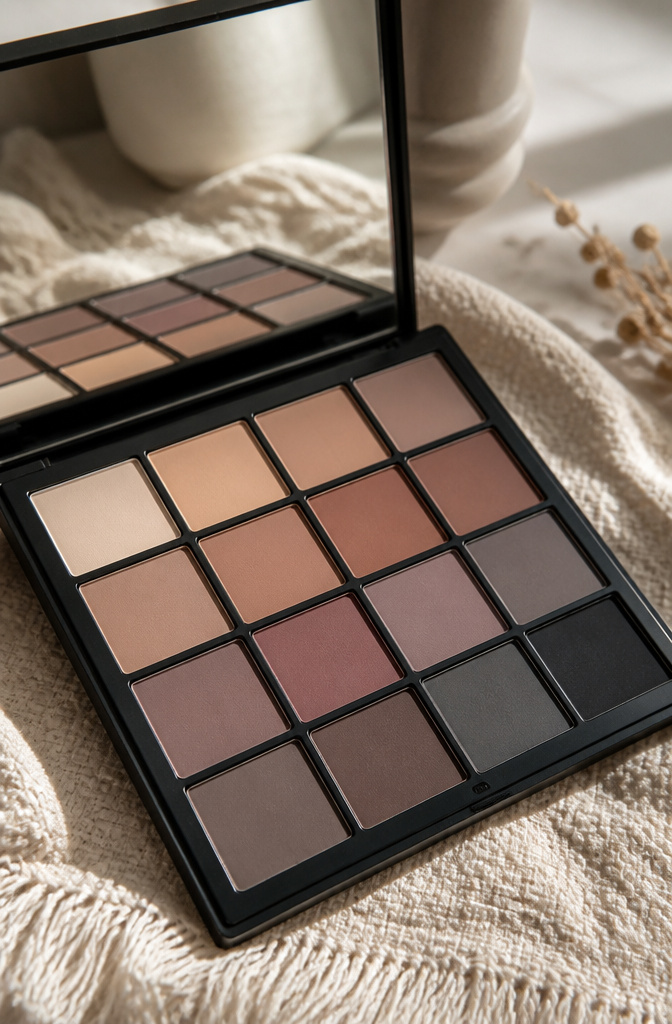 Close-up of an eyeshadow palette featuring an array of matte shades.